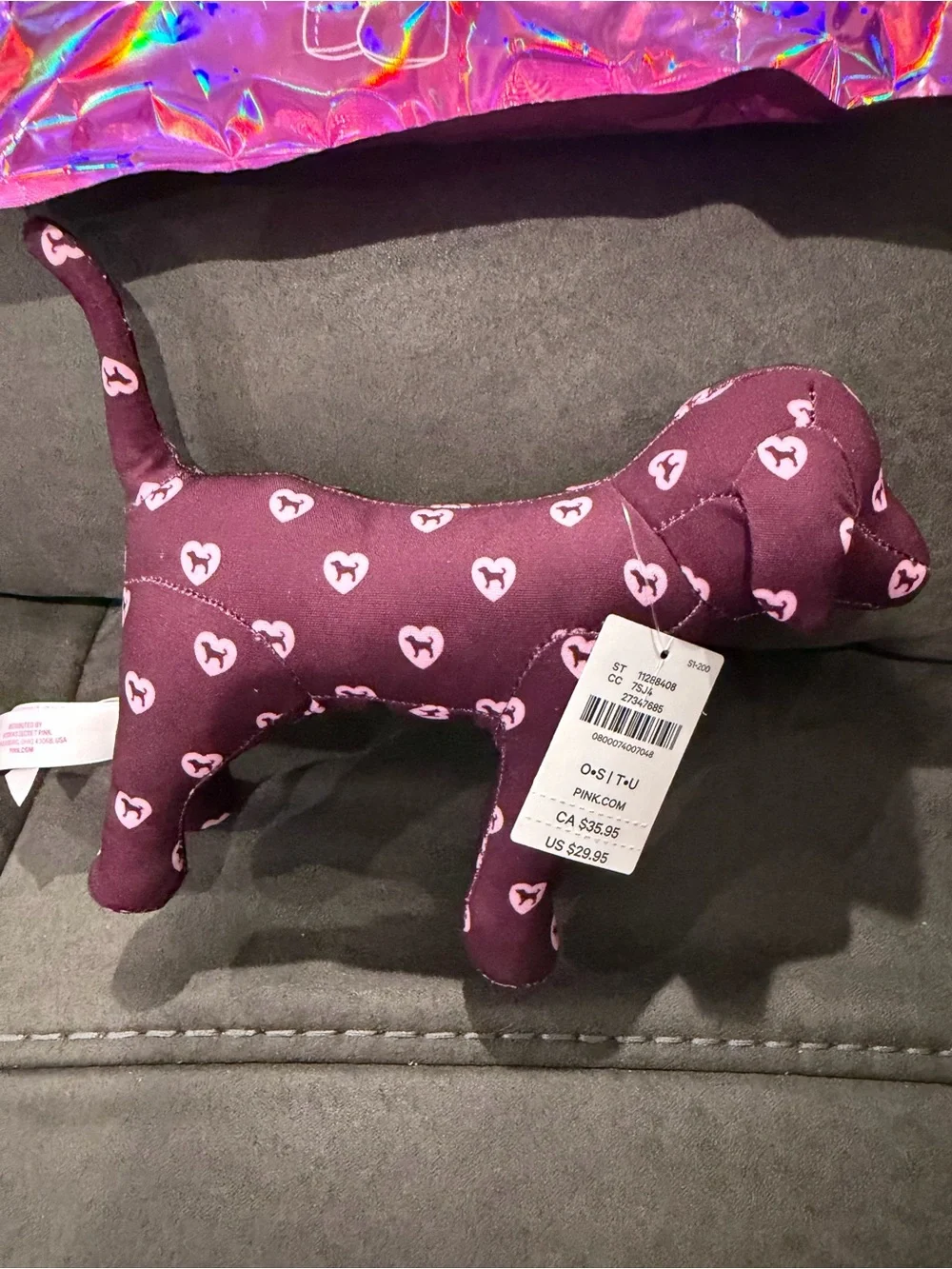 PINK Victoria's Secret Dark Plum Plush Dog with Light Pink Heart Print